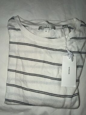 Vince White Crewneck Sweater with Black Stripe Detail